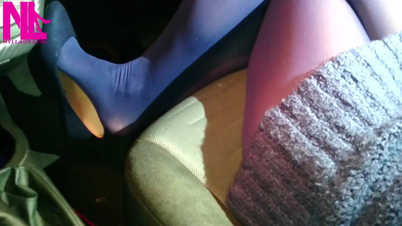 Nyllady: Dangling in Blue Pantyhose and Blue Flats on a Gas...