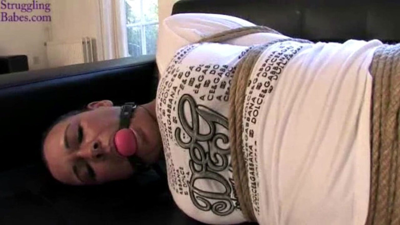 Submissed: Vixen Hogtied Ballgagged Di Sofa