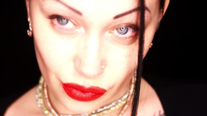 Goddess Misha Goldy: 4K Applying red lipstick and smoking hookah on black background