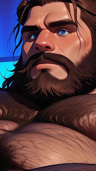 Thick Hairy Bear Stroking Himself Sensually. Man Bun and Massive Body