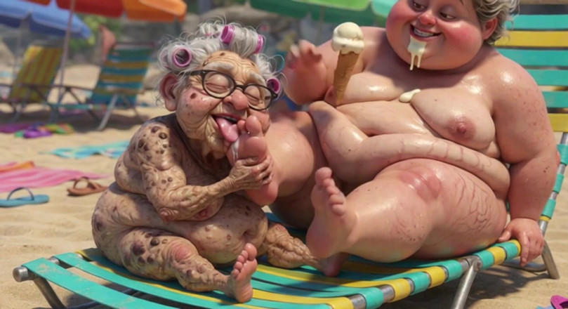 Anime Hentai: Elderly Granny Passionately Sucking BBW Feet on the Beach
