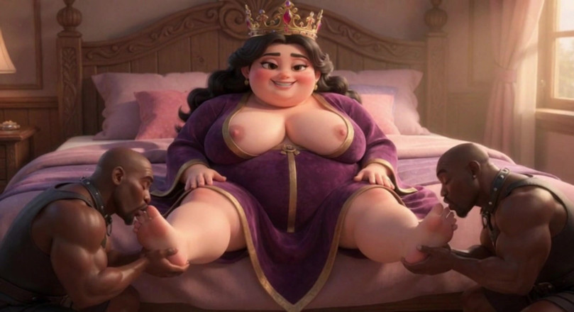 Anime Hentai: Adoration des pieds, déesse SSBBW - des esclaves interraciaux lèchent ses...