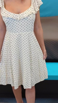 White Dress with Black Polka Dots & Black and Wood High Heels