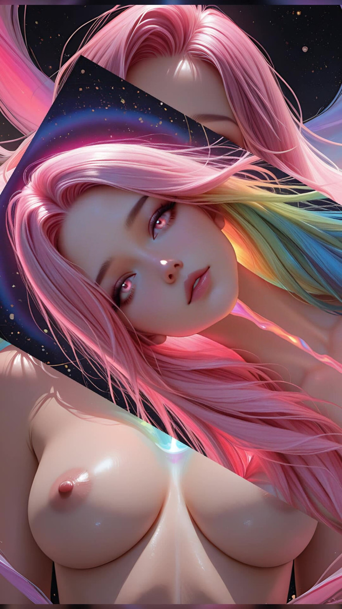 VelvetInk Studio: Rainbow, kosmische schönheit mit glühenden rosa augen, fantasy-Porträt und kunst-diashow