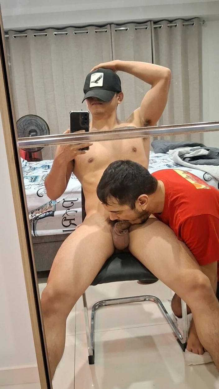 Bare skin man: My Cock in Her Mouth, Reflected in the Mirror.