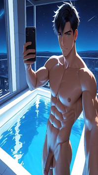 Zerfetzter fitnessstudio-typ, nackt, erigierter schwanz, spiegel, selfie im infinity-pool