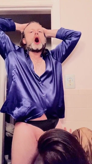 Satin Fetish King: Satin cougar cocksucker can't resist silky royal blue