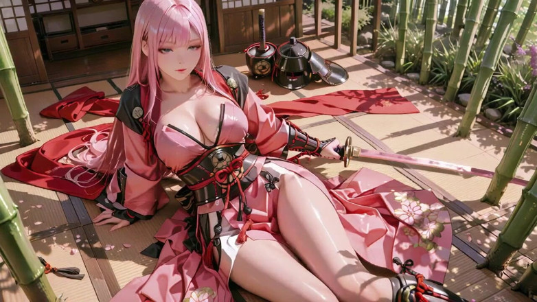 Seraphina Vale: Crimson Samurai! Rosahaarige Kriegerin kniet auf tatami, hochschlitziger Kimono rutscht...