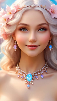 微笑的裸体女人举着樱花，穿着蛋白石珍珠白色钻石珠宝 - ai 幻灯片