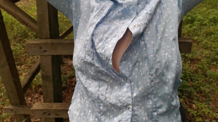 Bouncy Tits Action: Tit slapping in blue blouse outdoor