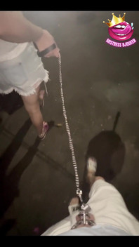 Late Night Stroll with My Locked Chastity Subs Caged Cock Exposed and on a Leash