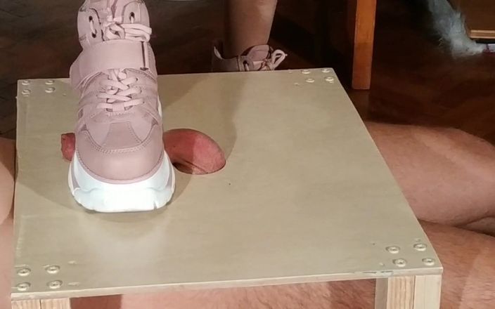 Beth and Joe's kinky store: Domina cock stomping slave in pink boots (Hungarian) pt1 HD