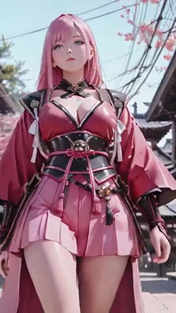 Samurai vermelho! Guerreiro de cabelos rosa ajoelhando-se no tatame, quimono de alta fenda deslizando para revelar coxas de neve.