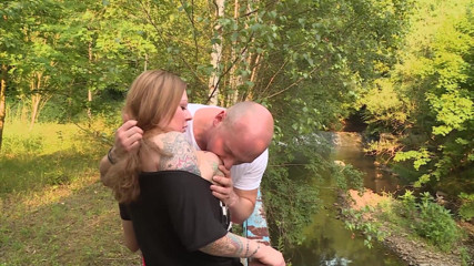 German Porn: Hot and pretty brunette does boobjob and fucks outdoor