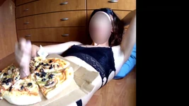 Cum Food Fetish. Teasing, Dildo and Eating Pizza with Cum