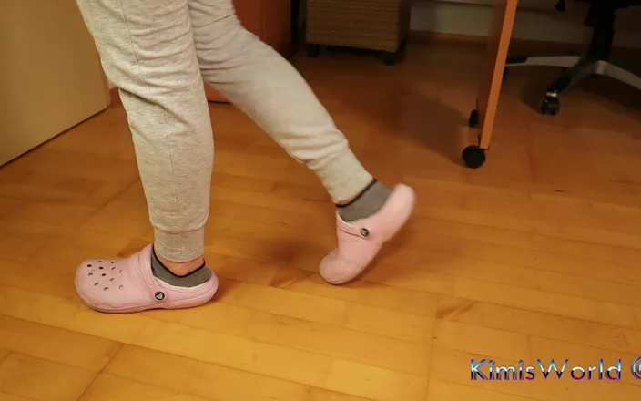 KimisWorld: Dirty Grey Sneaker Socks in Pink Clogs - Casual Foot Tease