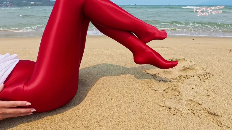 Shiny teens: 897 Shiny Red Spandex Pantyhose on the Beach
