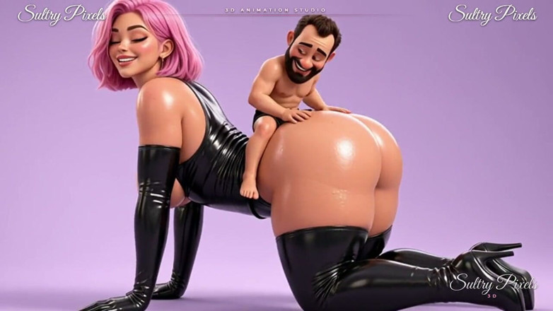 Sultry Pixels 3D: 小さな男がピンク髪のラテックスの女主人の大きな丸いお尻に登る