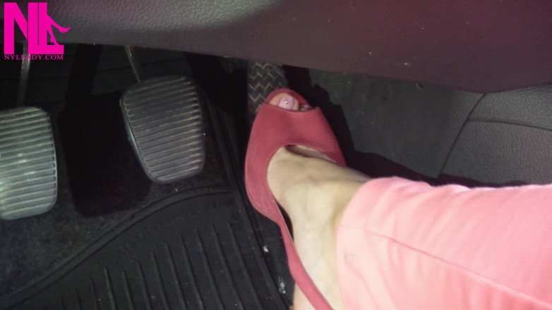 Nyllady: Barefoot Driving and Revving in Vivid Pink High Heeled Sandals