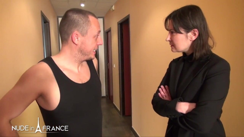 Nude in France: Uptight brunette gets dirty at the office