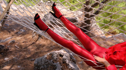 Shiny teens: Red shiny Leohex pantyhose and mountains