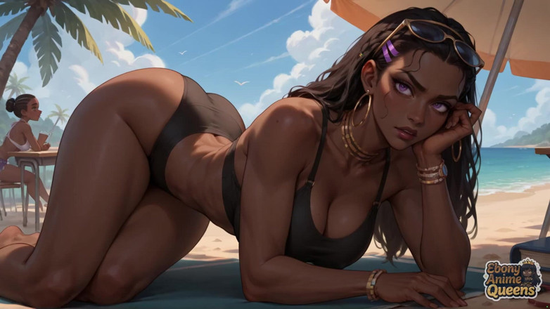 Ebony Anime Queens: Peri hitam seksi asal uber di pantai sampai orgasme tropis.