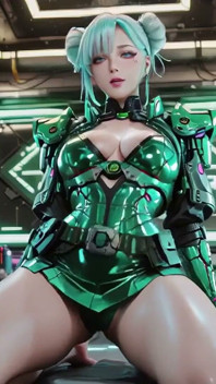 La ragazza corazzata verde! Valkyrie dai capelli argentati inginocchia e glabra la schiena, le mani tracciano la sua tuta metallizzata e fredda.
