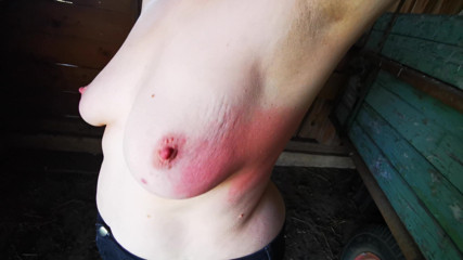 Bouncy Tits Action: Slapping her tits while farmer watches
