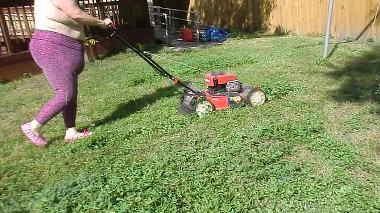 BBW nurse Vicki adventures with friends: Nurse Vicki Mowing Grass dressed then topless