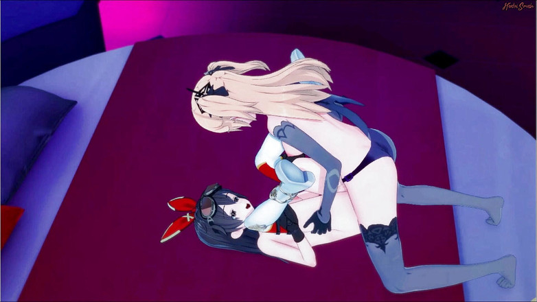 Hentai_Smash: Genshin impact - fischl和amber玩女同性爱，用穿戴式假阳具互相操