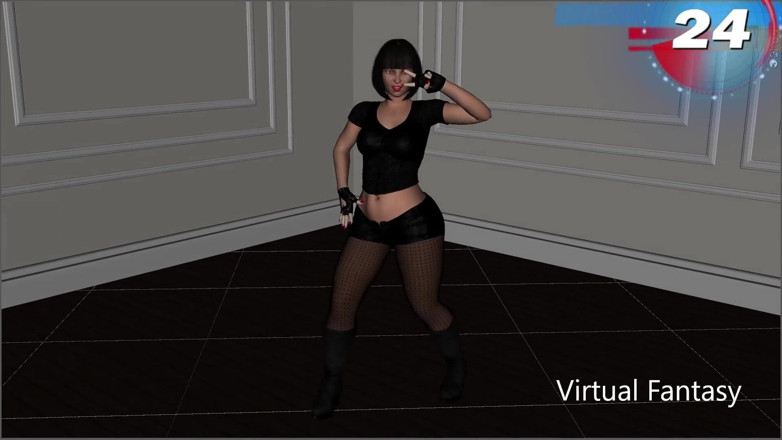 Virtual fantasy studio: Sexy 3D girl dancing in black clubwear and bodysuit.