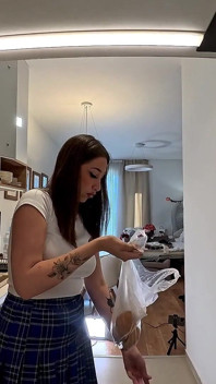 All Natural Big Tits Big Ass Hottest Brunette Babe in the Kitchen with a Short College Uniform Skirt Flashes Panties and Pussy