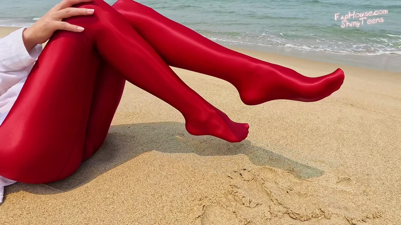 Shiny teens: 897 Shiny Red Spandex Pantyhose on the Beach