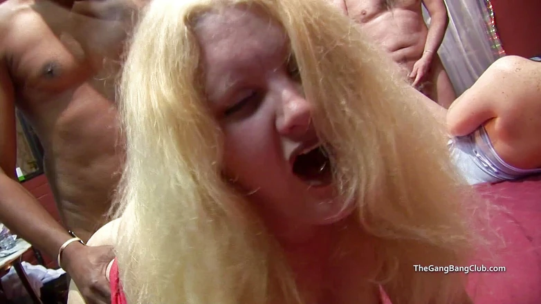 The Gangbang Club: Fat pale blonde joins in the group fucking