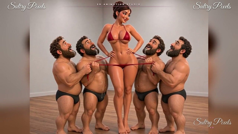 Sultry Pixels 3D: 네 명의 수염을 기르고 추종자로 둘러싸인 머리 롤빵의 갈색 머리