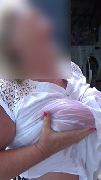 Pissing Over My Huge Tits Outside. While I Wank in a White Blouse