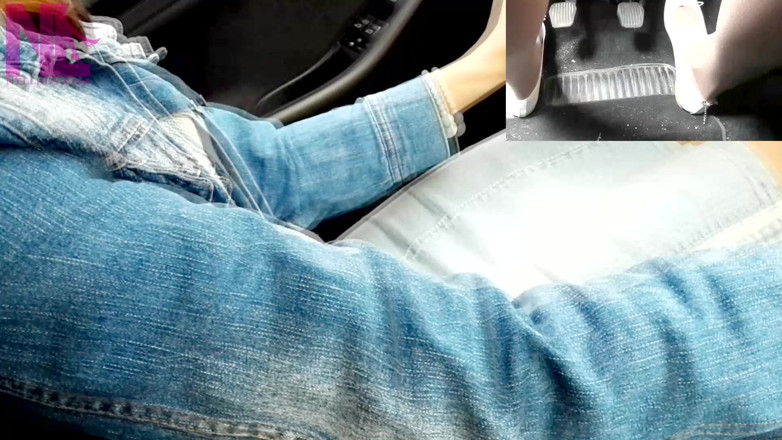 Nyllady: Cool Pedal Pumping and Driving in Nude Pantyhose and White...