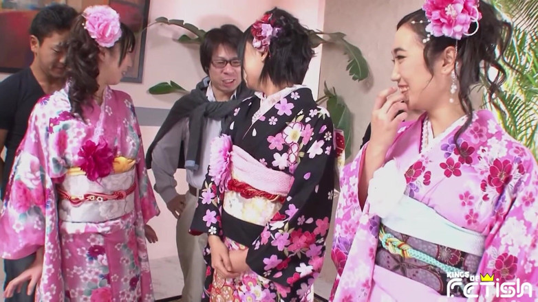 Pure Japanese adult video ( JAV): Three Japanese babes blow a group of men with hairy...