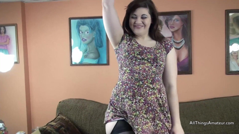 All Things Amateur: Brunette BBW wearing stockings rubbing her pussy at casting