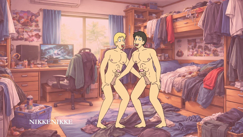 Nikkenikke animation: 야오이, 손으로 자위하는 듀오에서 강렬한 굴뚝 청소기로