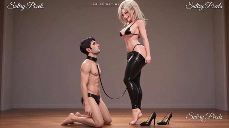 Sultry Pixels 3D: Vysoká latexová blondýnka vede svého límečkového muže za vodítko - noha...