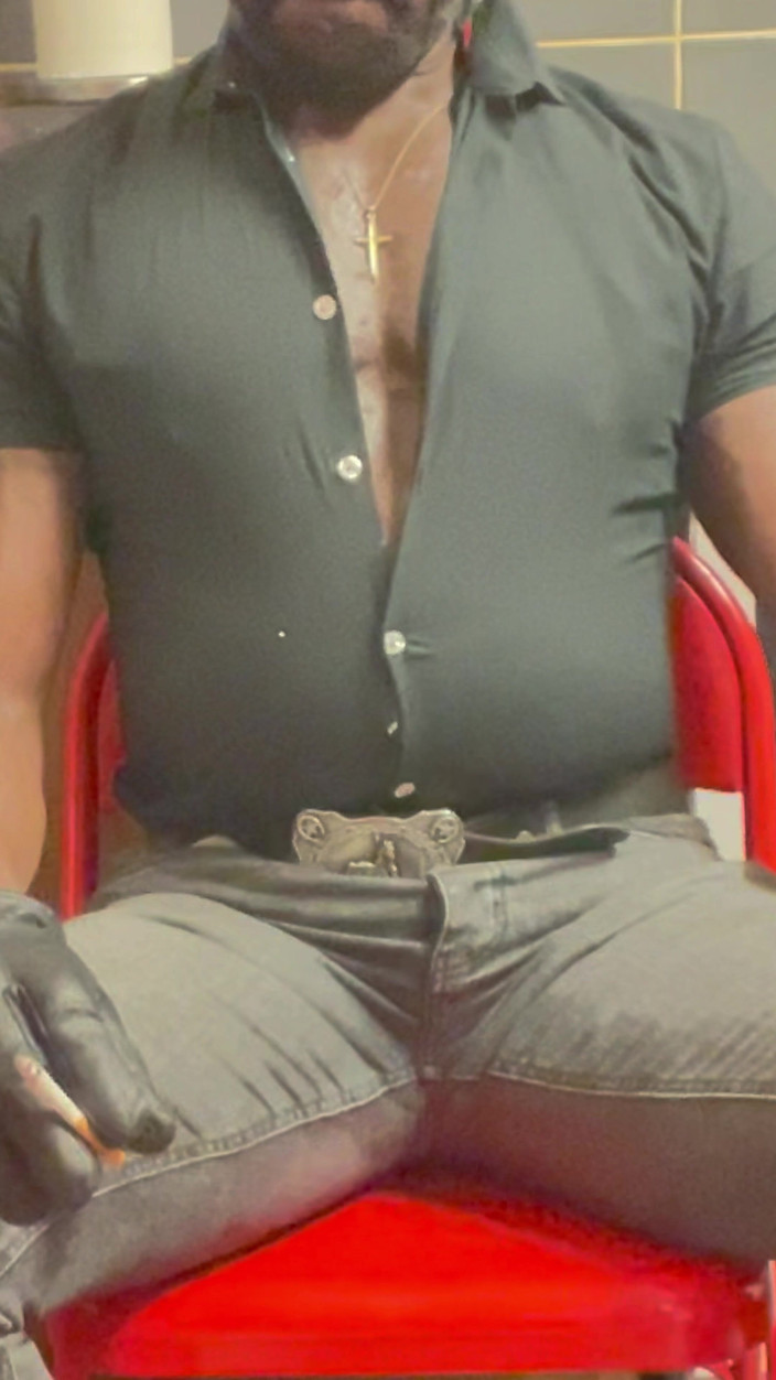Black smoking muscle stepdad: Black Leather Smoking Dad