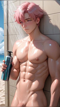 Soft Kawaii Boy in Beach Shower with Pastel Pink Hair