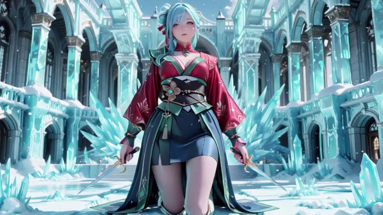 Seraphina Vale: Ice Throne! लाल-हरे गाउन में चांदी के बालों वाली मेज घुटने टेक रही है, नीले बालों वाली पार्टनर दायरे में छेड़ रही है!