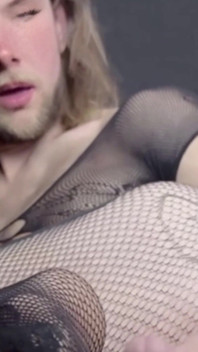 Her Penis Is so Swollen That She Has to Squirt All Over the Fishnet Stockings She Just Put on