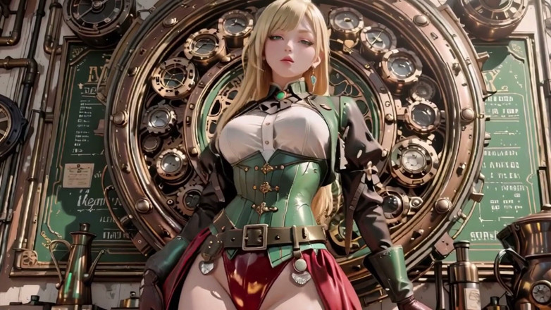 Seraphina Vale: Steampunk sarışın sekreter! Dev dişlilerin ortasında tembel pozlar