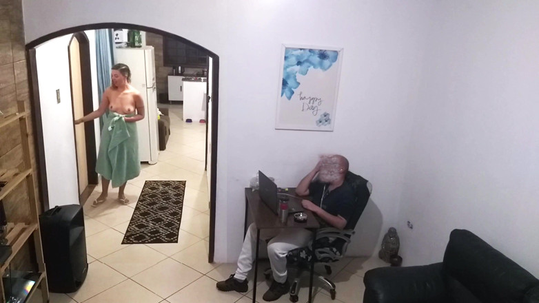 Gabi SweetCouplesStories: While the Husband Works, the Wife in a Towel Greets...