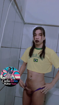 Carlazinha the Belly Button Pierced Whore Pulls Her Purple Panties to the Side and Shows Her Wet Cock