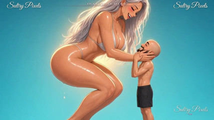 Sultry Pixels 3D: Obří stříbrné vlasy Anime Babe dřepí a líbá jejího drobného...