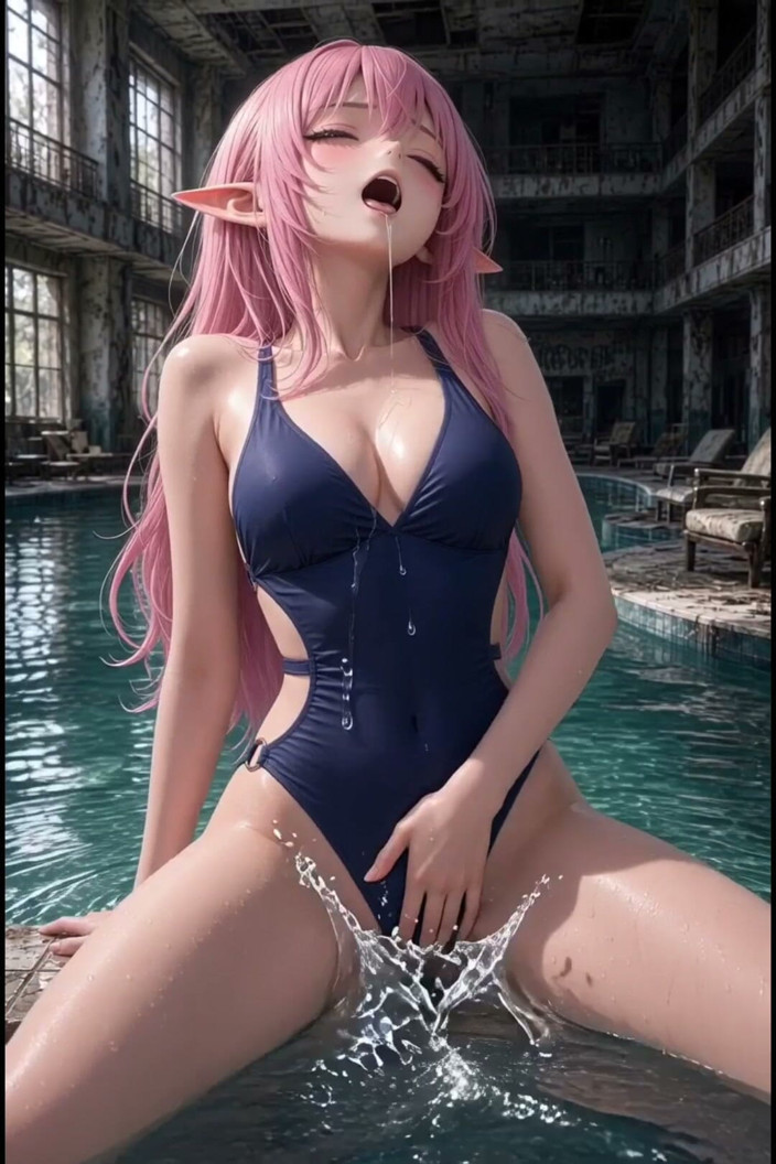 Wertstofsamler: 3D Anime Pink Hairy in Swimsuit Masturbates in and Around...